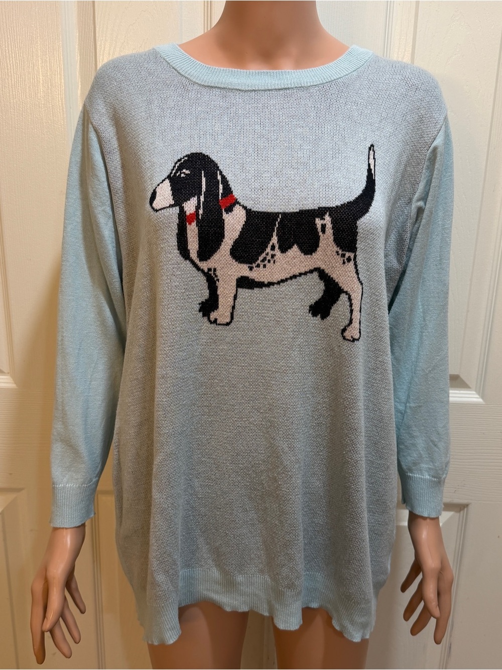 ModCloth Pale Blue Basset Hound Intarsia Knit Sweater Crew Neck